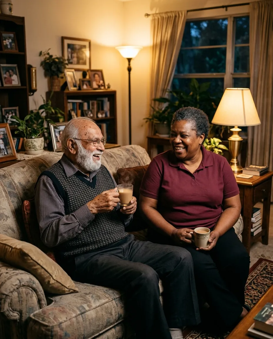 Senior man and his caregiver sharing tea in a lamp-lit living room