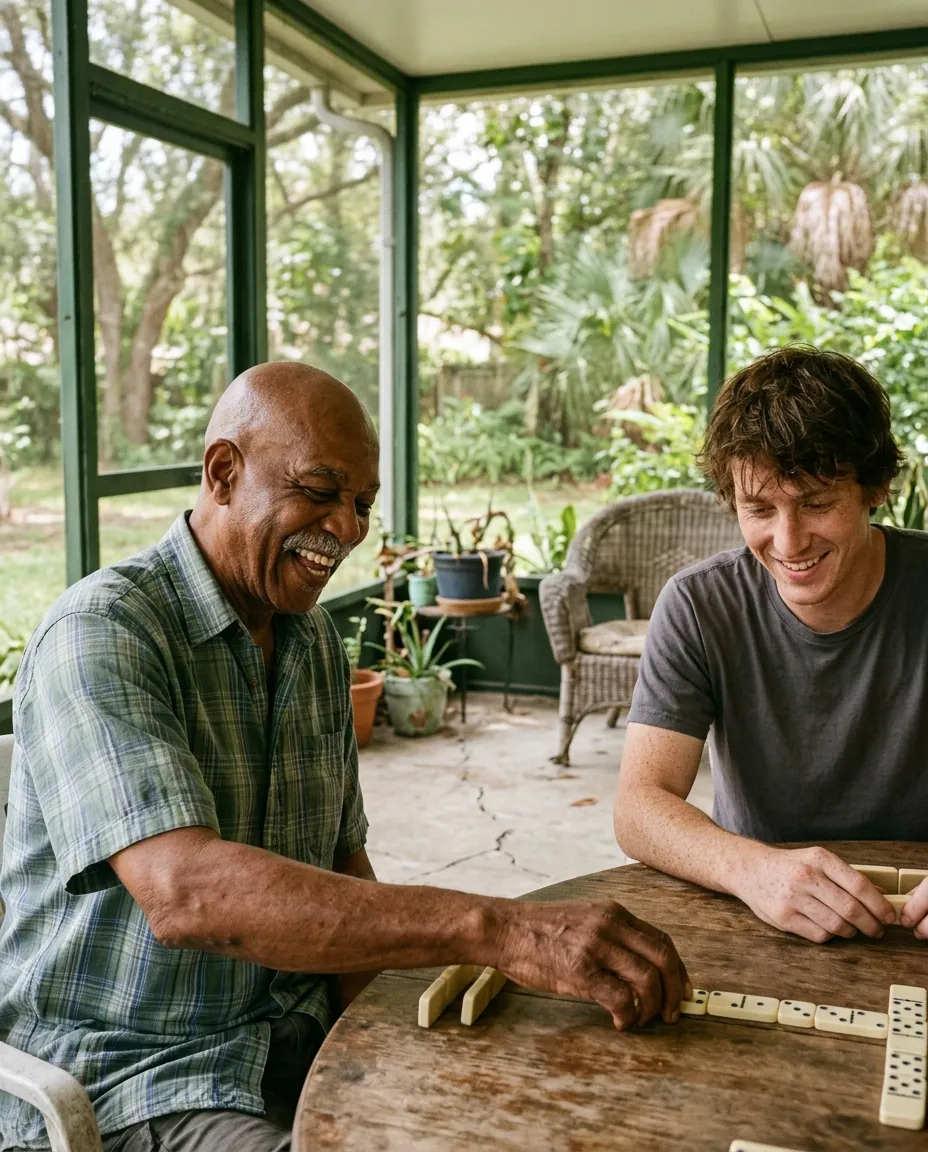 Senior man laughing over dominoes with his caregiver on a screened porch