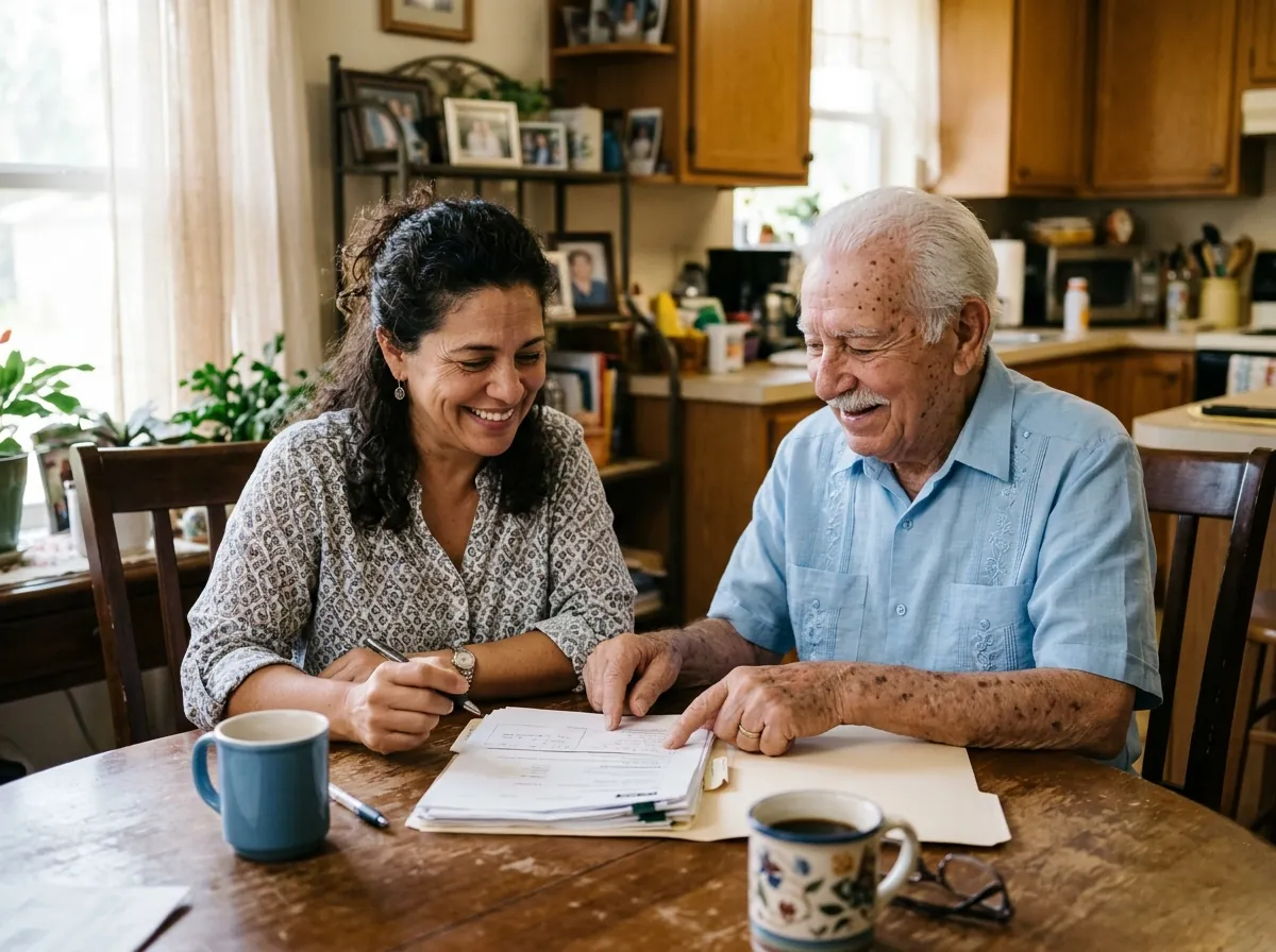 Daughter and her father reviewing paperwork at the dining table