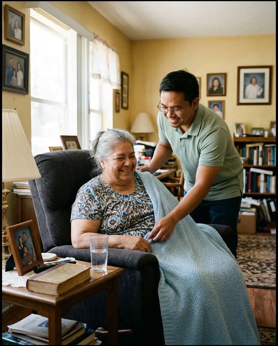 Caregiver tucking a blanket around a senior woman in her recliner at home