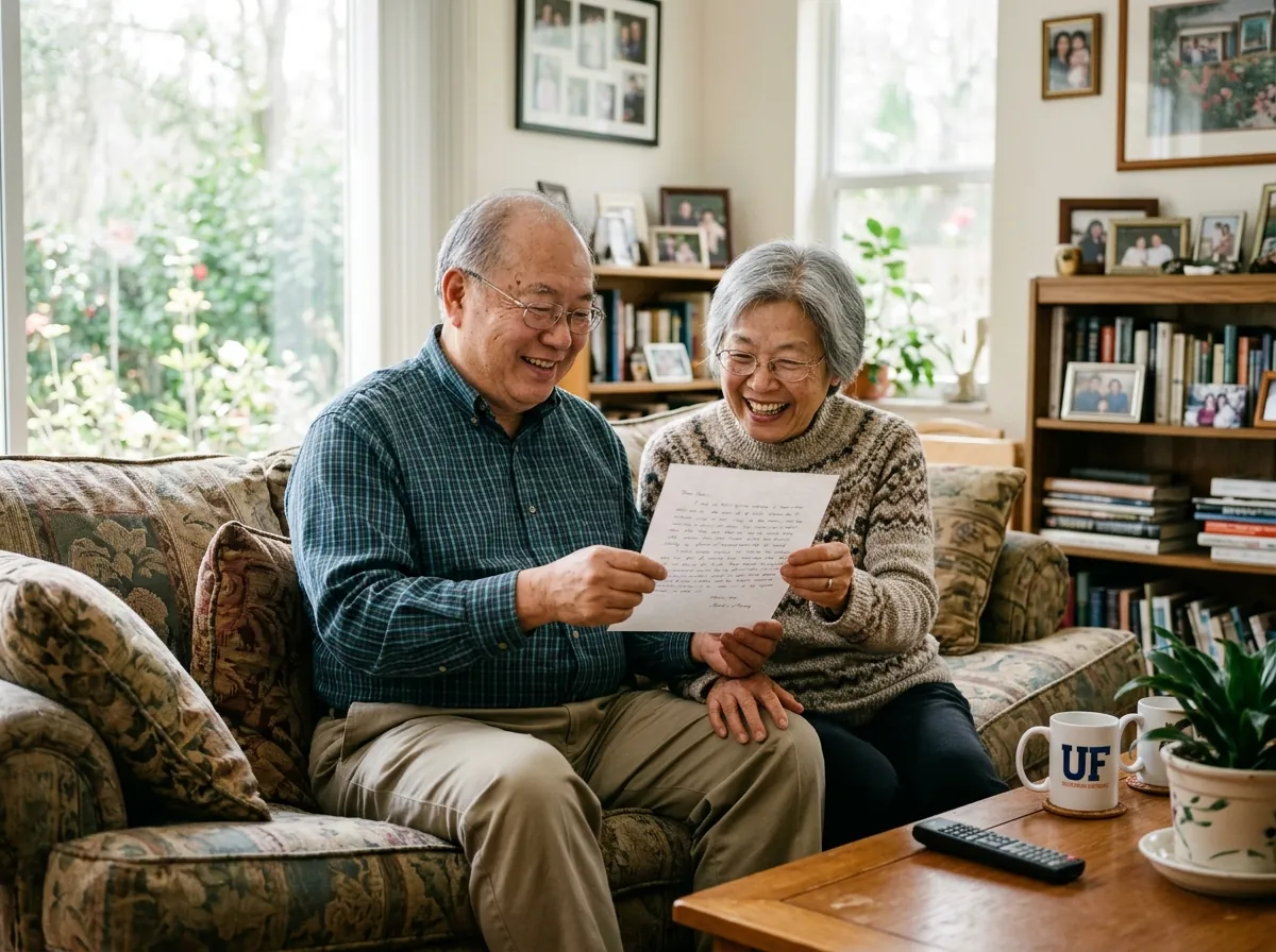 Senior couple reading a letter together on the sofa
