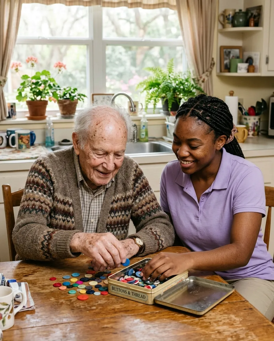 Senior man sorting buttons at his kitchen table with his young caregiver