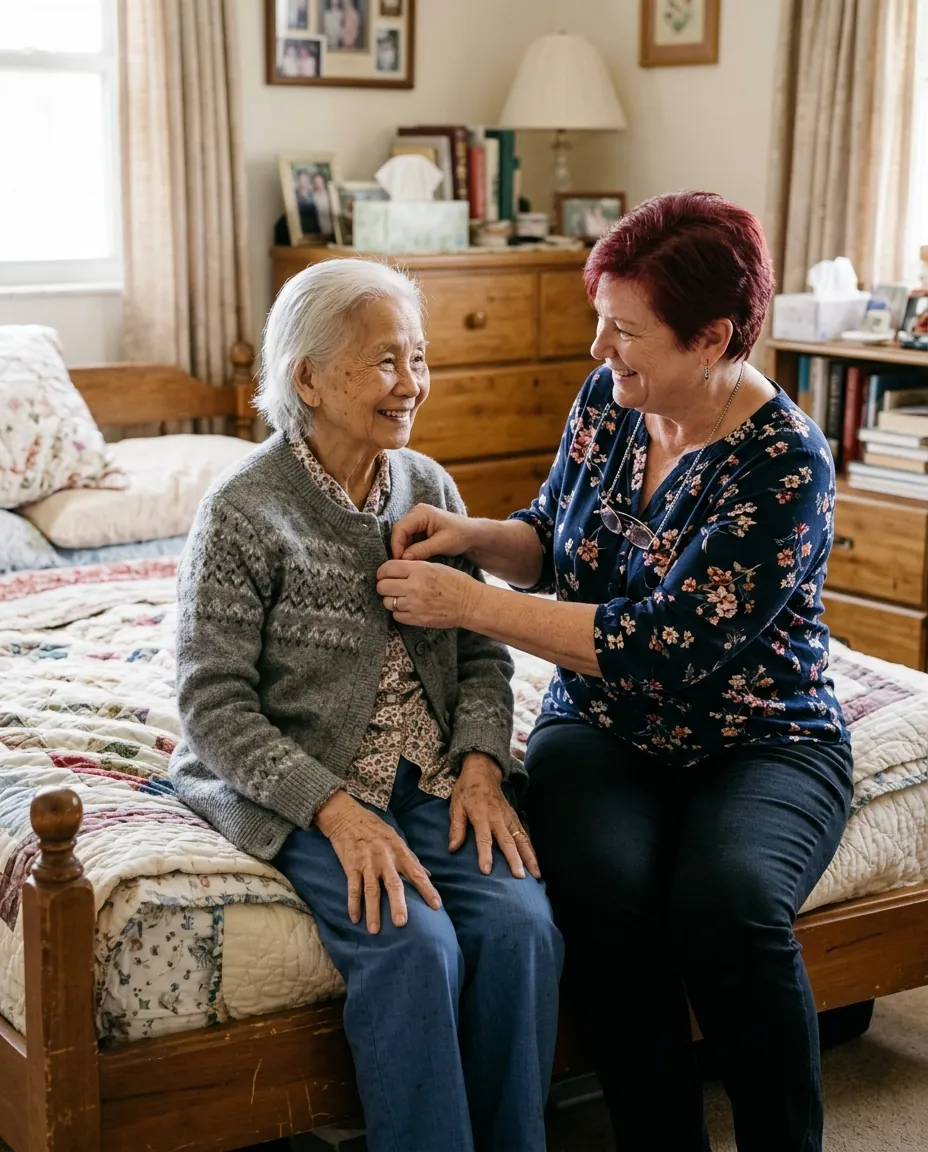 Caregiver helping a senior woman button her cardigan in her bedroom