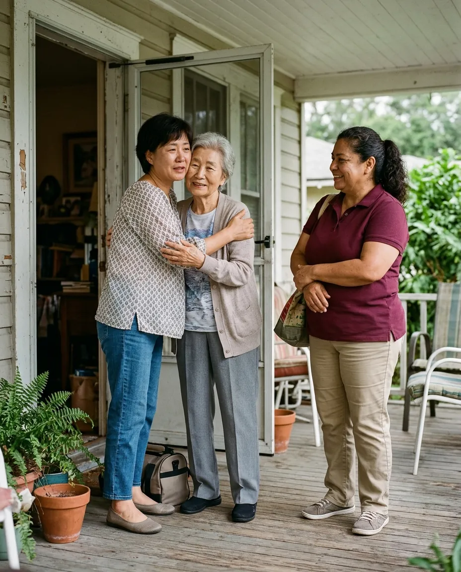 Daughter hugging her mother goodbye on the porch while their caregiver smiles
