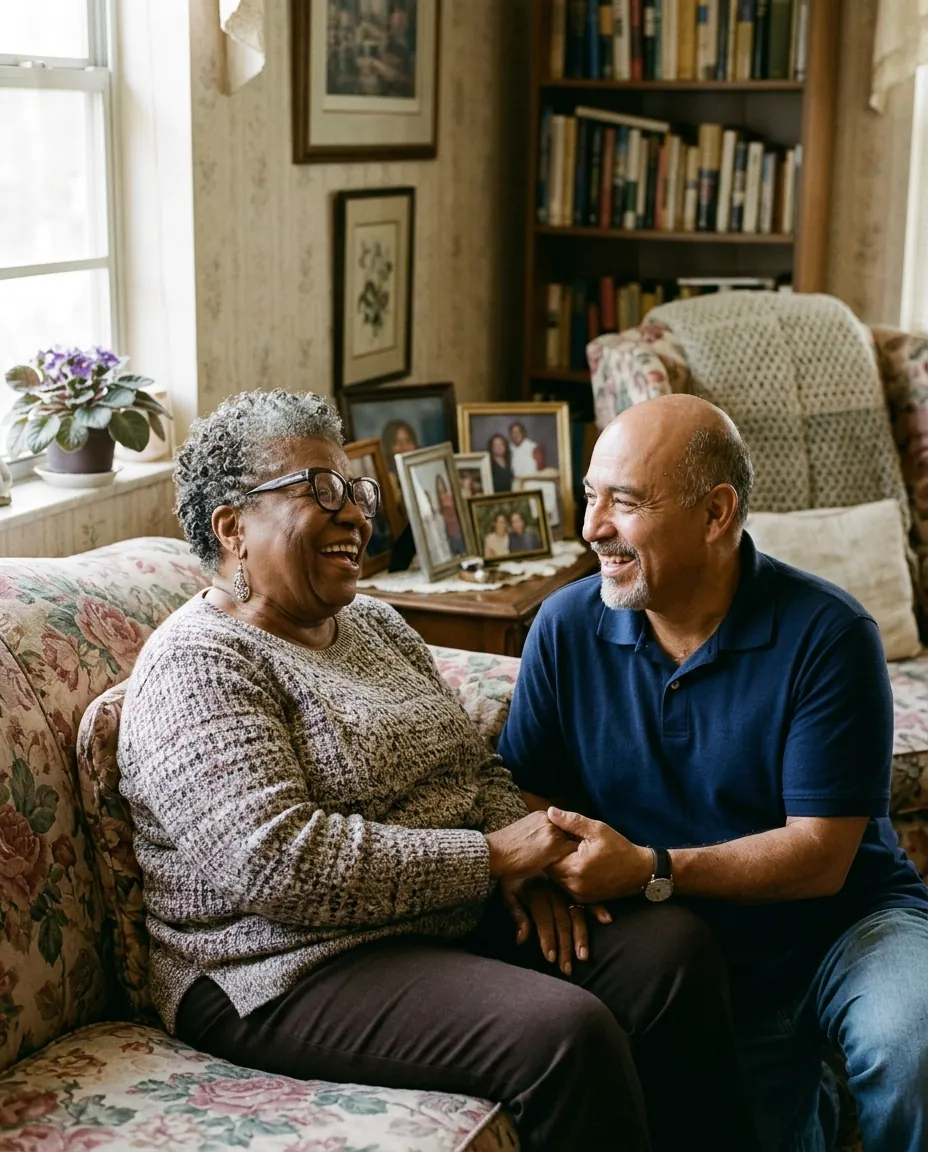 Senior woman laughing on her sofa while holding hands with her caregiver